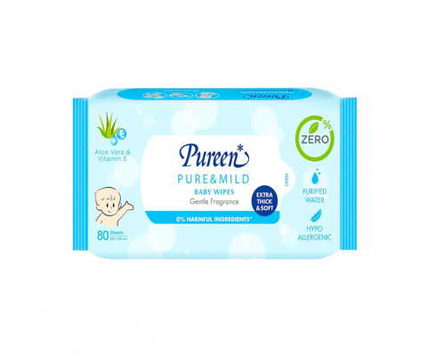 Khăn ướt trẻ em Pureen không mùi màu xanh 80 tờ